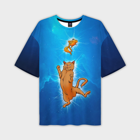 Мужская футболка oversize 3D с принтом Кот и Рыба в Космосе в Петрозаводске,  |  | 