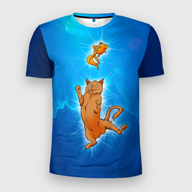 Мужская футболка 3D Slim с принтом Кот и Рыба в Космосе в Белгороде, 100% полиэстер с улучшенными характеристиками | приталенный силуэт, круглая горловина, широкие плечи, сужается к линии бедра | 