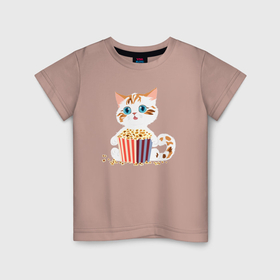 Детская футболка хлопок с принтом Котенок с попкорном в Санкт-Петербурге, 100% хлопок | круглый вырез горловины, полуприлегающий силуэт, длина до линии бедер | 
