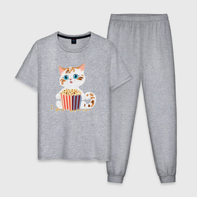 Мужская пижама хлопок с принтом Котенок с попкорном в Кировске, 100% хлопок | брюки и футболка прямого кроя, без карманов, на брюках мягкая резинка на поясе и по низу штанин
 | 