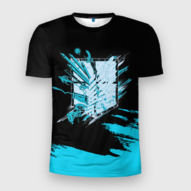 Мужская футболка 3D Slim с принтом Логотип Атака Титанов голубой в Екатеринбурге, 100% полиэстер с улучшенными характеристиками | приталенный силуэт, круглая горловина, широкие плечи, сужается к линии бедра | 