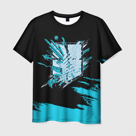 Мужская футболка 3D с принтом Логотип Атака Титанов голубой в Кировске, 100% полиэфир | прямой крой, круглый вырез горловины, длина до линии бедер | 