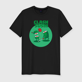 Мужская футболка хлопок Slim с принтом Clash sushi в Тюмени, 92% хлопок, 8% лайкра | приталенный силуэт, круглый вырез ворота, длина до линии бедра, короткий рукав | Тематика изображения на принте: 