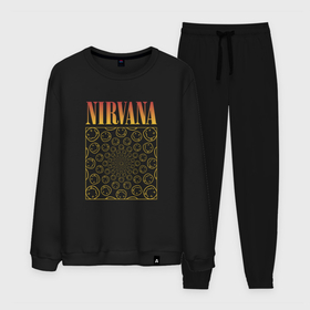 Мужской костюм хлопок с принтом Nirvana лого в городе Новоалтайск, 100% хлопок | на свитшоте круглая горловина, мягкая резинка по низу. Брюки заужены к низу, на них два вида карманов: два “обычных” по бокам и два объемных, с клапанами, расположенные ниже линии бедра. Брюки с мягкой трикотажной резинкой на поясе и по низу штанин. В поясе для дополнительного комфорта — широкие завязки | 