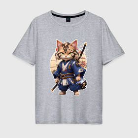 Мужская футболка хлопок Oversize с принтом Котик  самурай   японский стиль в Белгороде, 100% хлопок | свободный крой, круглый ворот, “спинка” длиннее передней части | 