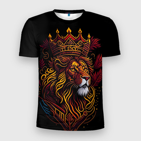 Мужская футболка 3D Slim с принтом Золотой лев с короной в Петрозаводске, 100% полиэстер с улучшенными характеристиками | приталенный силуэт, круглая горловина, широкие плечи, сужается к линии бедра | 