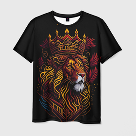 Мужская футболка 3D с принтом Золотой лев с короной в Белгороде, 100% полиэфир | прямой крой, круглый вырез горловины, длина до линии бедер | 