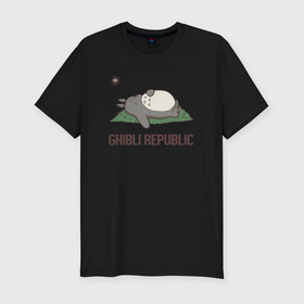 Мужская футболка хлопок Slim с принтом Ghibli republic в Курске, 92% хлопок, 8% лайкра | приталенный силуэт, круглый вырез ворота, длина до линии бедра, короткий рукав | Тематика изображения на принте: 