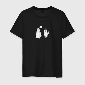 Мужская футболка хлопок с принтом Привидение и кот хэллоуин в Екатеринбурге, 100% хлопок | прямой крой, круглый вырез горловины, длина до линии бедер, слегка спущенное плечо. | 