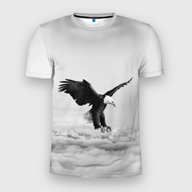 Мужская футболка 3D Slim с принтом Орёл в облаках черно белый в Белгороде, 100% полиэстер с улучшенными характеристиками | приталенный силуэт, круглая горловина, широкие плечи, сужается к линии бедра | 