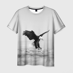 Мужская футболка 3D с принтом Орёл в облаках черно белый в Белгороде, 100% полиэфир | прямой крой, круглый вырез горловины, длина до линии бедер | 