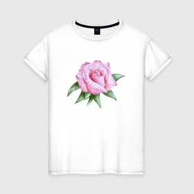 Женская футболка хлопок с принтом Розовая роза акварелью , 100% хлопок | прямой крой, круглый вырез горловины, длина до линии бедер, слегка спущенное плечо | 