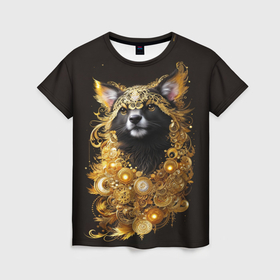 Женская футболка 3D с принтом Черная кошка в золотых украшениях в Курске, 100% полиэфир ( синтетическое хлопкоподобное полотно) | прямой крой, круглый вырез горловины, длина до линии бедер | 