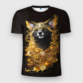 Мужская футболка 3D Slim с принтом Черная кошка в золотых украшениях в Курске, 100% полиэстер с улучшенными характеристиками | приталенный силуэт, круглая горловина, широкие плечи, сужается к линии бедра | 