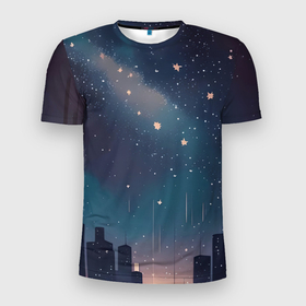 Мужская футболка 3D Slim с принтом Звёздное небо над городом   нейросеть в Екатеринбурге, 100% полиэстер с улучшенными характеристиками | приталенный силуэт, круглая горловина, широкие плечи, сужается к линии бедра | 