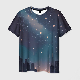 Мужская футболка 3D с принтом Звёздное небо над городом   нейросеть в Кировске, 100% полиэфир | прямой крой, круглый вырез горловины, длина до линии бедер | 