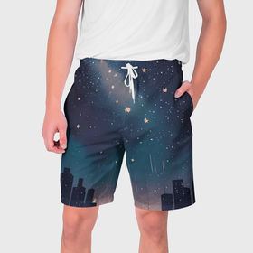 Мужские шорты 3D с принтом Звёздное небо над городом   нейросеть в Курске,  полиэстер 100% | прямой крой, два кармана без застежек по бокам. Мягкая трикотажная резинка на поясе, внутри которой широкие завязки. Длина чуть выше колен | 