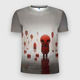 Мужская футболка 3D Slim с принтом Красный человечек на пруду в Кировске, 100% полиэстер с улучшенными характеристиками | приталенный силуэт, круглая горловина, широкие плечи, сужается к линии бедра | 