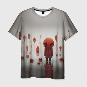 Мужская футболка 3D с принтом Красный человечек на пруду в Екатеринбурге, 100% полиэфир | прямой крой, круглый вырез горловины, длина до линии бедер | Тематика изображения на принте: 