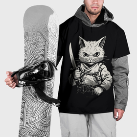 Накидка на куртку 3D с принтом Черно белый кот самурай в Белгороде, 100% полиэстер |  | Тематика изображения на принте: 