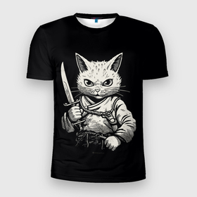 Мужская футболка 3D Slim с принтом Черно белый кот самурай в Белгороде, 100% полиэстер с улучшенными характеристиками | приталенный силуэт, круглая горловина, широкие плечи, сужается к линии бедра | 