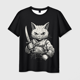 Мужская футболка 3D с принтом Черно белый кот самурай в Белгороде, 100% полиэфир | прямой крой, круглый вырез горловины, длина до линии бедер | 