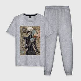 Мужская пижама хлопок с принтом Девушка скелет в цветах в Санкт-Петербурге, 100% хлопок | брюки и футболка прямого кроя, без карманов, на брюках мягкая резинка на поясе и по низу штанин
 | 