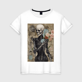 Женская футболка хлопок с принтом Девушка скелет в цветах в Санкт-Петербурге, 100% хлопок | прямой крой, круглый вырез горловины, длина до линии бедер, слегка спущенное плечо | 