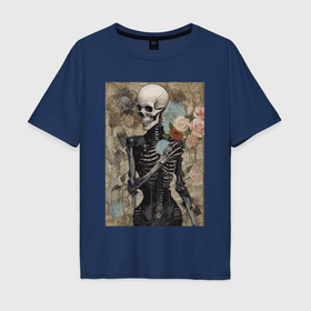 Мужская футболка хлопок Oversize с принтом Девушка скелет в цветах в Санкт-Петербурге, 100% хлопок | свободный крой, круглый ворот, “спинка” длиннее передней части | 