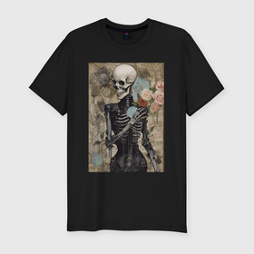 Мужская футболка хлопок Slim с принтом Девушка скелет в цветах в Санкт-Петербурге, 92% хлопок, 8% лайкра | приталенный силуэт, круглый вырез ворота, длина до линии бедра, короткий рукав | 