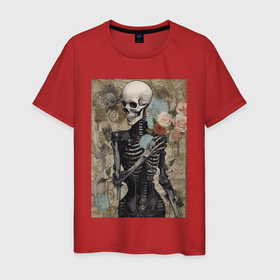 Мужская футболка хлопок с принтом Девушка скелет в цветах в Санкт-Петербурге, 100% хлопок | прямой крой, круглый вырез горловины, длина до линии бедер, слегка спущенное плечо. | 