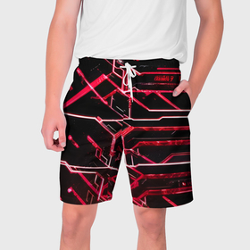 Мужские шорты 3D с принтом Неоновые линии красные ,  полиэстер 100% | прямой крой, два кармана без застежек по бокам. Мягкая трикотажная резинка на поясе, внутри которой широкие завязки. Длина чуть выше колен | 