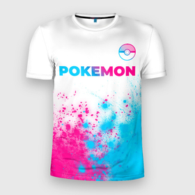 Мужская футболка 3D Slim с принтом Pokemon neon gradient style: символ сверху в Кировске, 100% полиэстер с улучшенными характеристиками | приталенный силуэт, круглая горловина, широкие плечи, сужается к линии бедра | Тематика изображения на принте: 