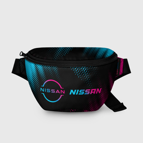 Поясная сумка 3D с принтом Nissan   neon gradient: надпись и символ в Белгороде, 100% полиэстер | плотная ткань, ремень с регулируемой длиной, внутри несколько карманов для мелочей, основное отделение и карман с обратной стороны сумки застегиваются на молнию | 