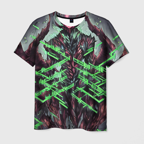 Мужская футболка 3D с принтом Зелёный элементаль киберпанк , 100% полиэфир | прямой крой, круглый вырез горловины, длина до линии бедер | 