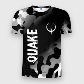 Мужская футболка 3D Slim с принтом Quake glitch на темном фоне: надпись, символ в Санкт-Петербурге, 100% полиэстер с улучшенными характеристиками | приталенный силуэт, круглая горловина, широкие плечи, сужается к линии бедра | 