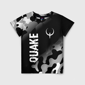 Детская футболка 3D с принтом Quake glitch на темном фоне: надпись, символ в Екатеринбурге, 100% гипоаллергенный полиэфир | прямой крой, круглый вырез горловины, длина до линии бедер, чуть спущенное плечо, ткань немного тянется | 