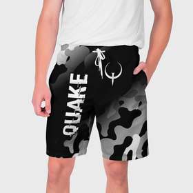 Мужские шорты 3D с принтом Quake glitch на темном фоне: надпись, символ в Тюмени,  полиэстер 100% | прямой крой, два кармана без застежек по бокам. Мягкая трикотажная резинка на поясе, внутри которой широкие завязки. Длина чуть выше колен | 
