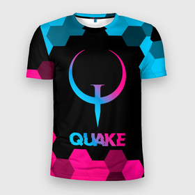 Мужская футболка 3D Slim с принтом Quake   neon gradient в Санкт-Петербурге, 100% полиэстер с улучшенными характеристиками | приталенный силуэт, круглая горловина, широкие плечи, сужается к линии бедра | 