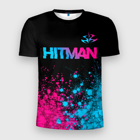 Мужская футболка 3D Slim с принтом Hitman   neon gradient: символ сверху в Курске, 100% полиэстер с улучшенными характеристиками | приталенный силуэт, круглая горловина, широкие плечи, сужается к линии бедра | 