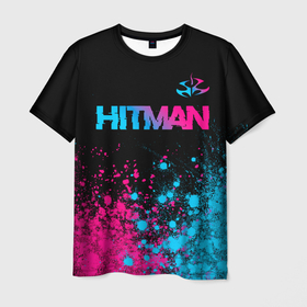 Мужская футболка 3D с принтом Hitman   neon gradient: символ сверху в Курске, 100% полиэфир | прямой крой, круглый вырез горловины, длина до линии бедер | 
