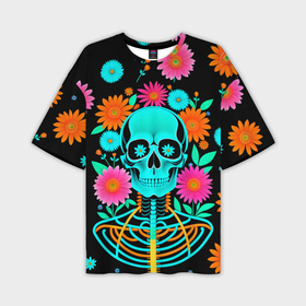 Мужская футболка oversize 3D с принтом Неоновый скелет в цветах в Санкт-Петербурге,  |  | 