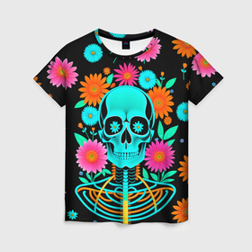 Женская футболка 3D с принтом Неоновый скелет в цветах в Кировске, 100% полиэфир ( синтетическое хлопкоподобное полотно) | прямой крой, круглый вырез горловины, длина до линии бедер | 