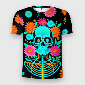 Мужская футболка 3D Slim с принтом Неоновый скелет в цветах в Санкт-Петербурге, 100% полиэстер с улучшенными характеристиками | приталенный силуэт, круглая горловина, широкие плечи, сужается к линии бедра | 
