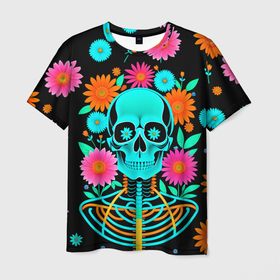 Мужская футболка 3D с принтом Неоновый скелет в цветах в Санкт-Петербурге, 100% полиэфир | прямой крой, круглый вырез горловины, длина до линии бедер | 
