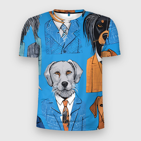 Мужская футболка 3D Slim с принтом Собаки в костюмах в Кировске, 100% полиэстер с улучшенными характеристиками | приталенный силуэт, круглая горловина, широкие плечи, сужается к линии бедра | 