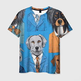 Мужская футболка 3D с принтом Собаки в костюмах в Белгороде, 100% полиэфир | прямой крой, круглый вырез горловины, длина до линии бедер | 