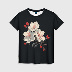 Женская футболка 3D с принтом Цветки вишни в Санкт-Петербурге, 100% полиэфир ( синтетическое хлопкоподобное полотно) | прямой крой, круглый вырез горловины, длина до линии бедер | 