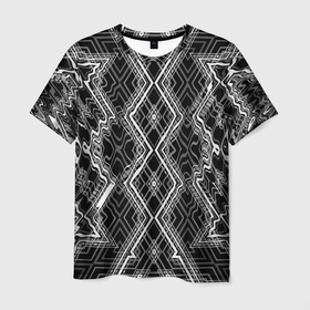 Мужская футболка 3D с принтом Черно белый узор Искаженная геометрия в Белгороде, 100% полиэфир | прямой крой, круглый вырез горловины, длина до линии бедер | 