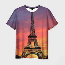 Мужская футболка 3D с принтом Эйфелева башня   закат в Курске, 100% полиэфир | прямой крой, круглый вырез горловины, длина до линии бедер | 